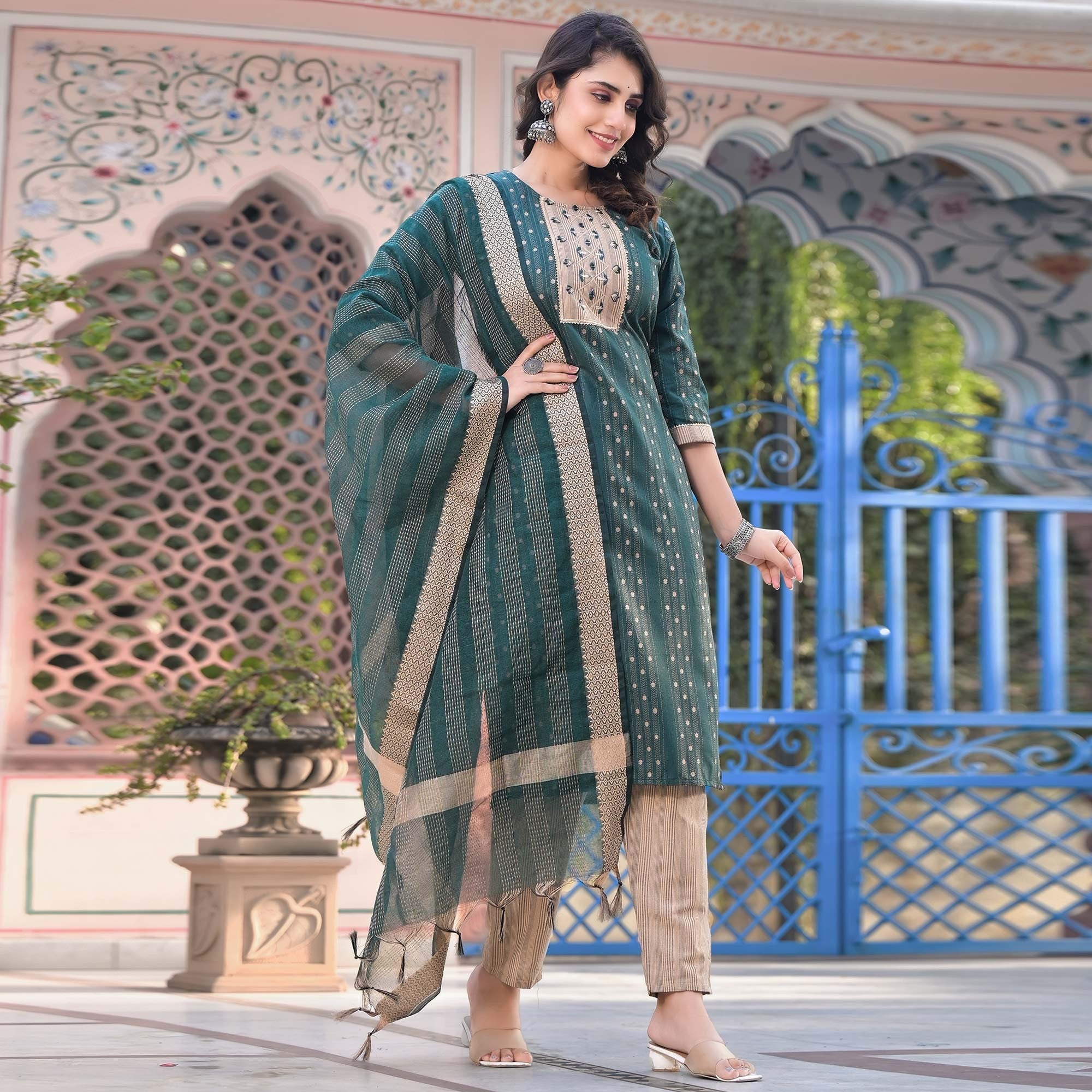 Green Woven Pure Cotton Straight Salwar Suit - Image 6