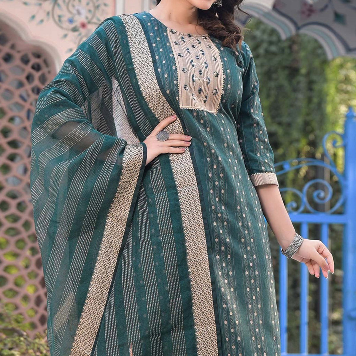 Green Woven Pure Cotton Straight Salwar Suit - Image 5
