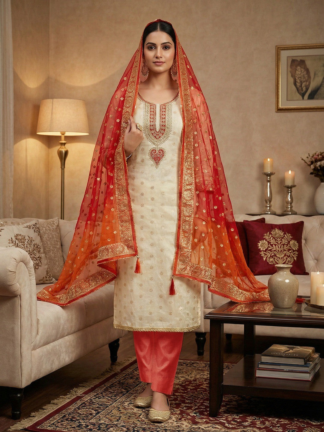 Cream & Orange Butti Weaving Shimmer Dress Material With Elegant Cording Embroidery Work On Neck - Image 2