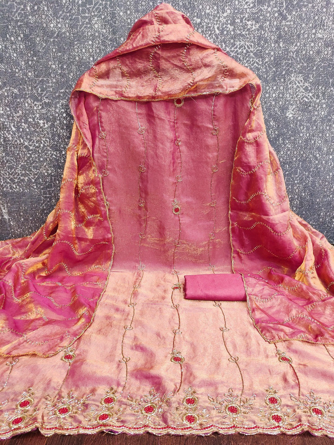Graceful Pink Floral Beads Embroidery Work Fendy Silk Blend Dress Material - Image 4