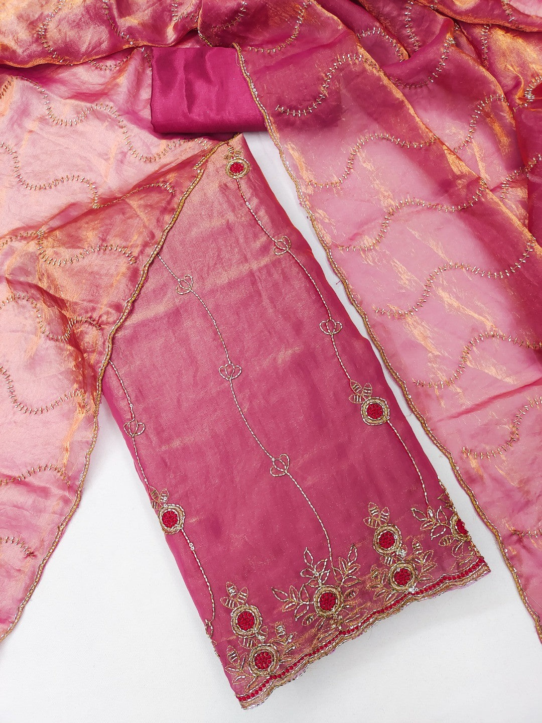 Graceful Pink Floral Beads Embroidery Work Fendy Silk Blend Dress Material - Image 3
