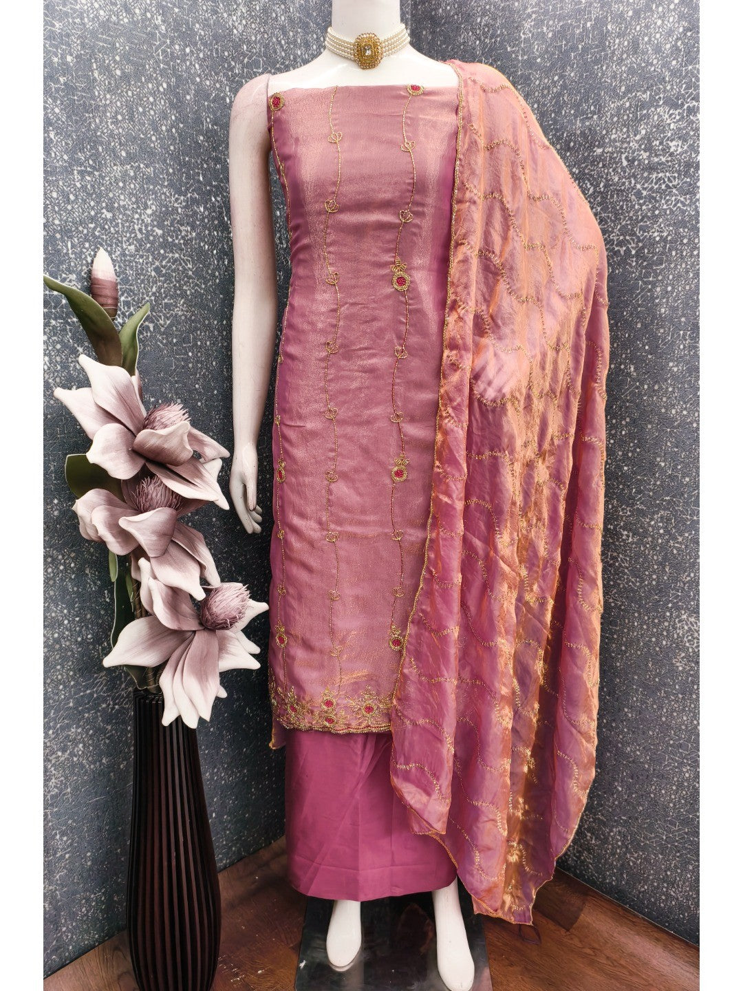 Graceful Pink Floral Beads Embroidery Work Fendy Silk Blend Dress Material - Image 5