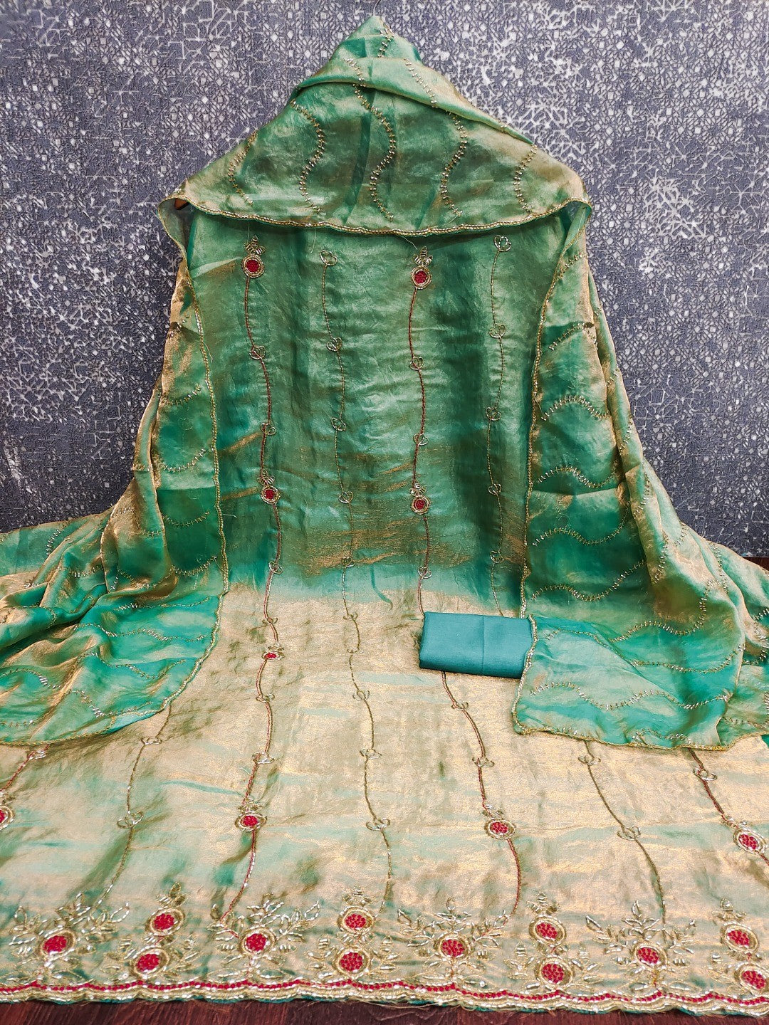 Graceful Turquoise Floral Beads Embroidery Work Fendy Silk Blend Dress Material - Image 5