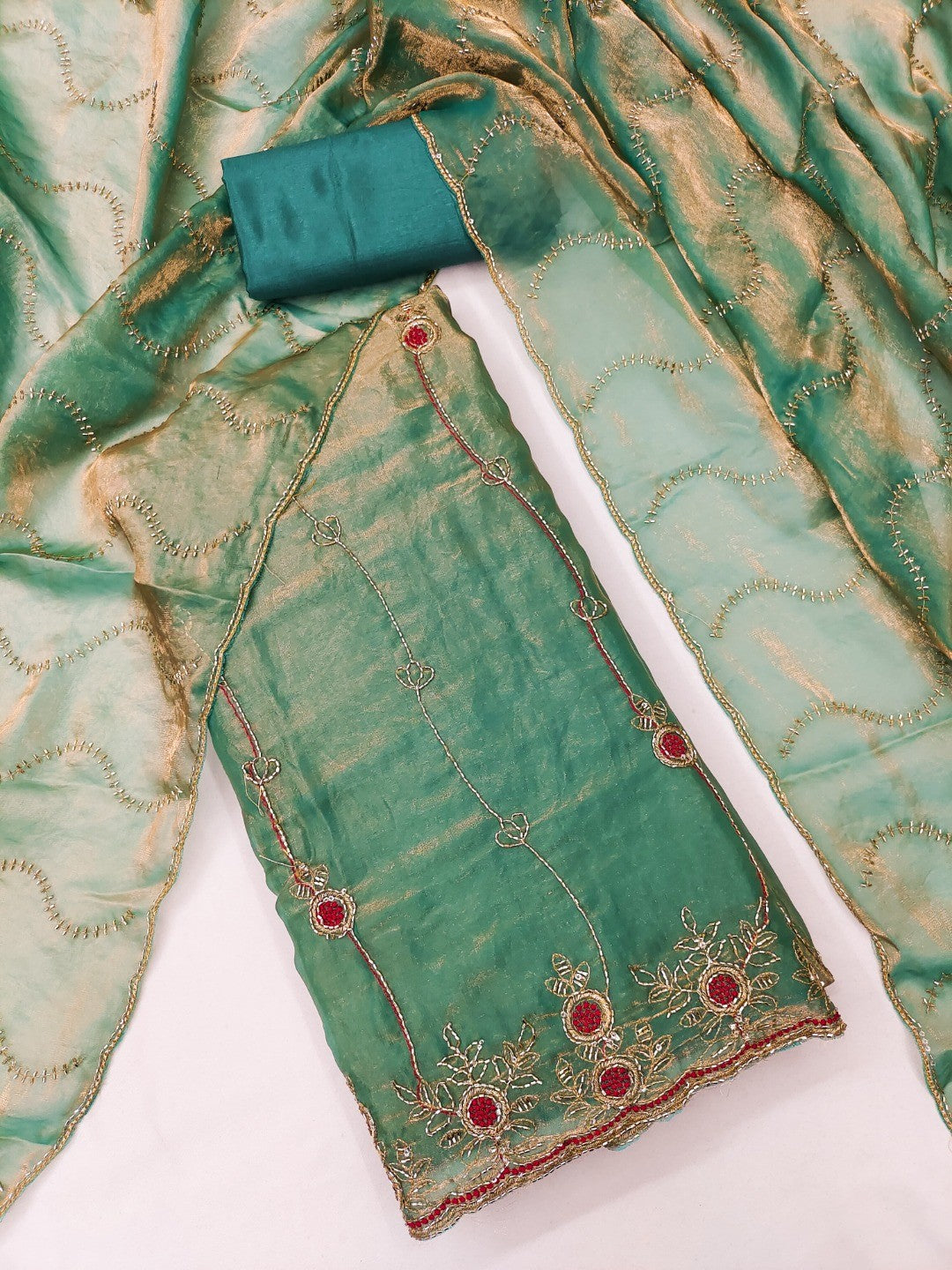 Graceful Turquoise Floral Beads Embroidery Work Fendy Silk Blend Dress Material - Image 1