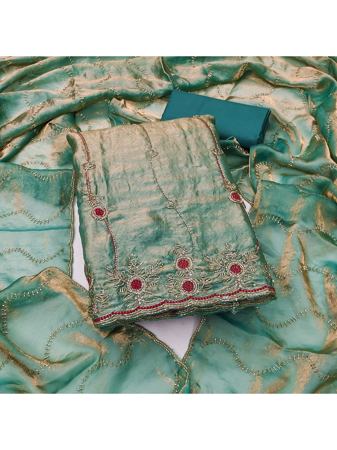Graceful Turquoise Floral Beads Embroidery Work Fendy Silk Blend Dress Material - Image 4