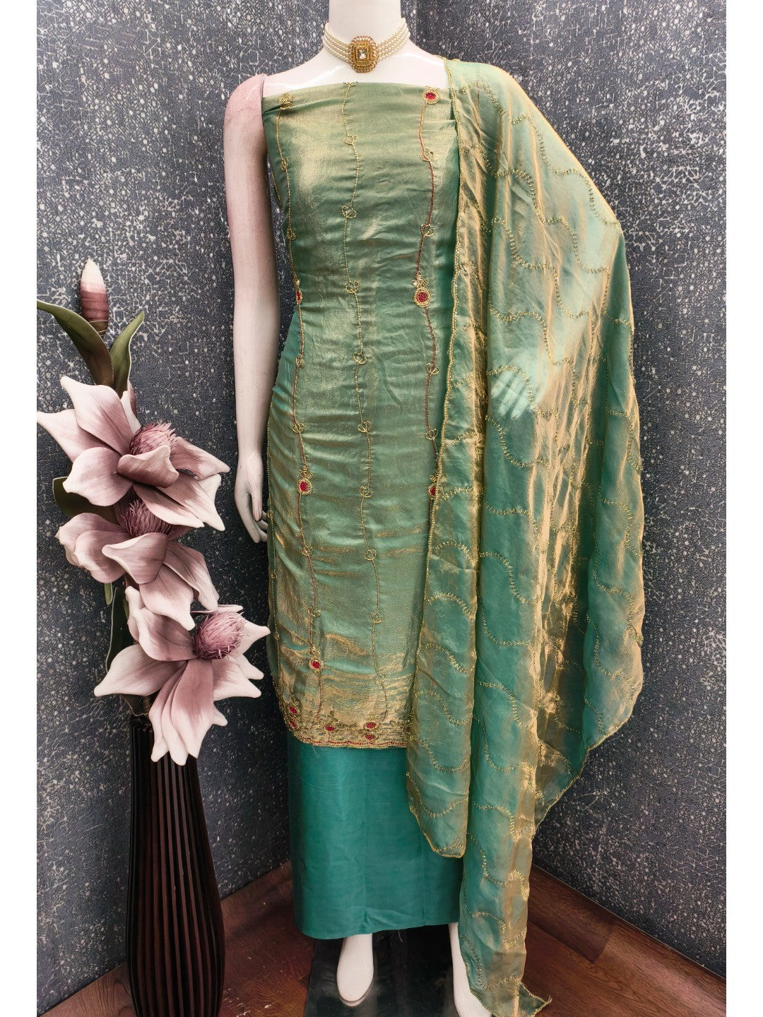 Graceful Turquoise Floral Beads Embroidery Work Fendy Silk Blend Dress Material - Image 3