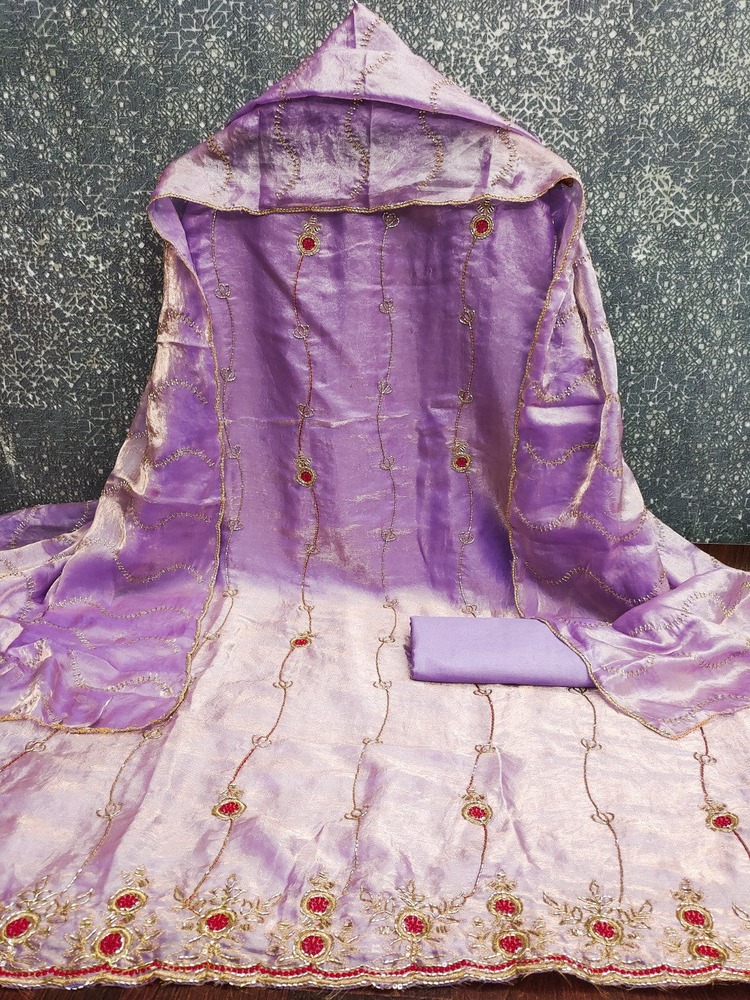Graceful Lavender Floral Beads Embroidery Work Fendy Silk Blend Dress Material - Image 3