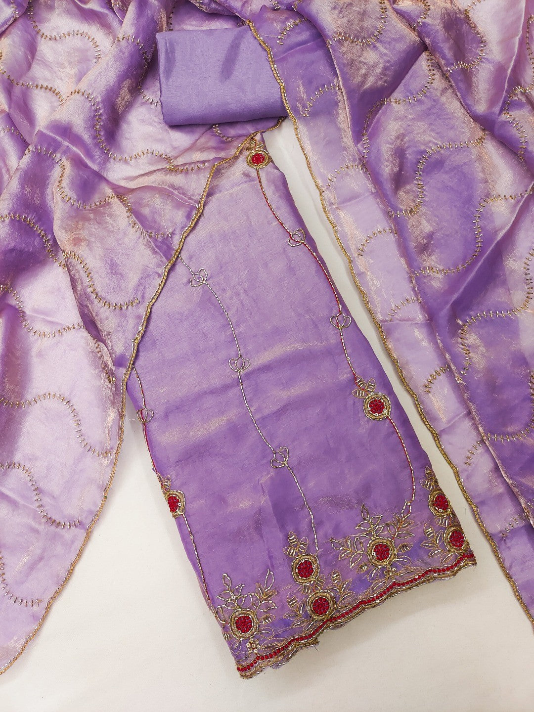 Graceful Lavender Floral Beads Embroidery Work Fendy Silk Blend Dress Material - Image 4
