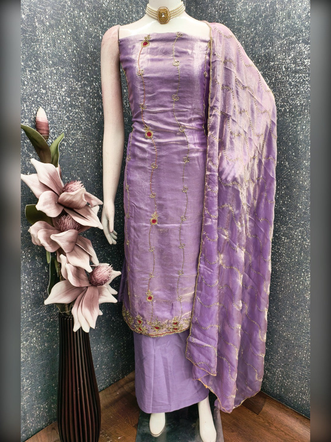 Graceful Lavender Floral Beads Embroidery Work Fendy Silk Blend Dress Material - Image 5