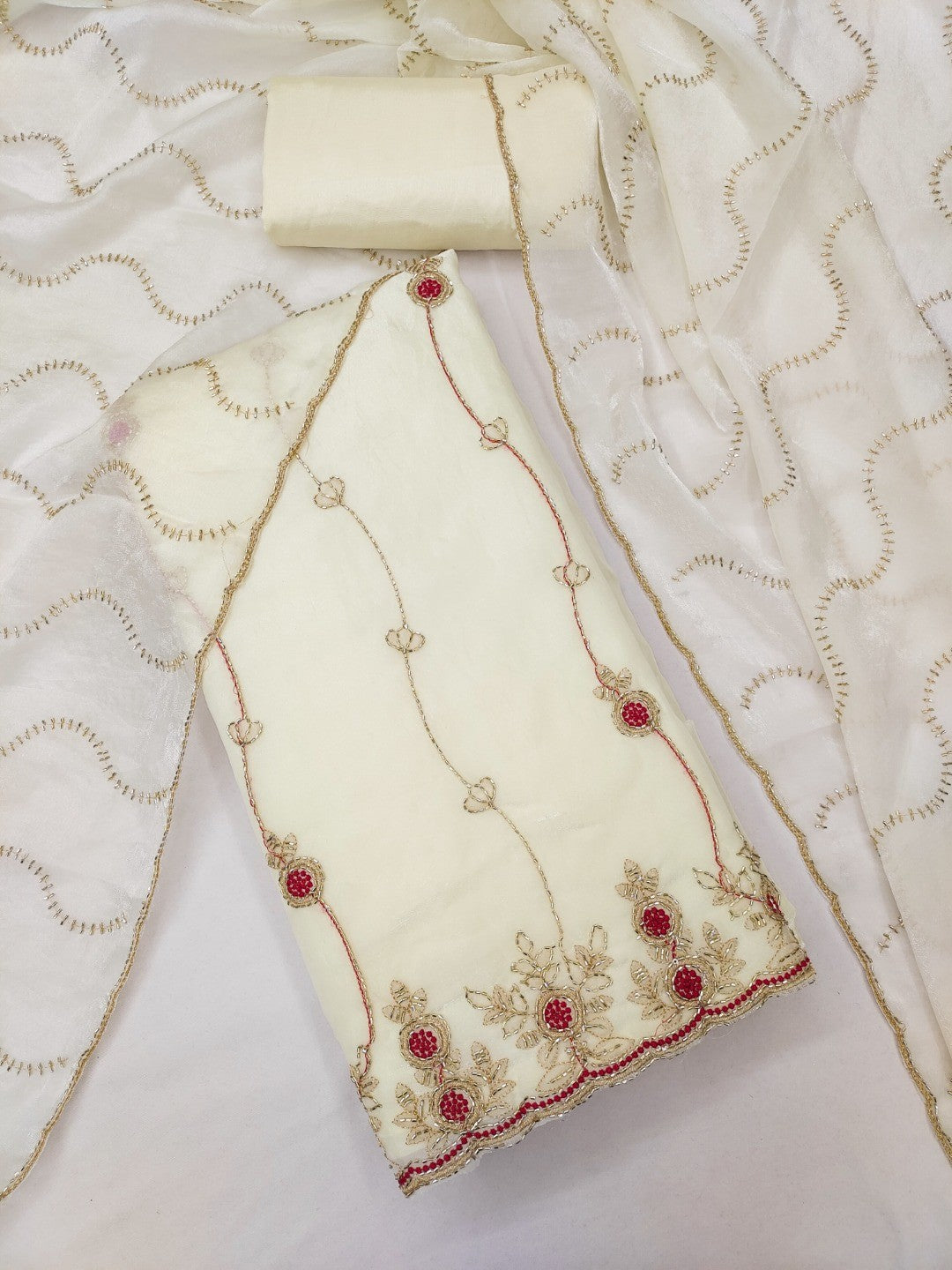 Graceful Cream Floral Beads Embroidery Work Fendy Silk Blend Dress Material - Image 2