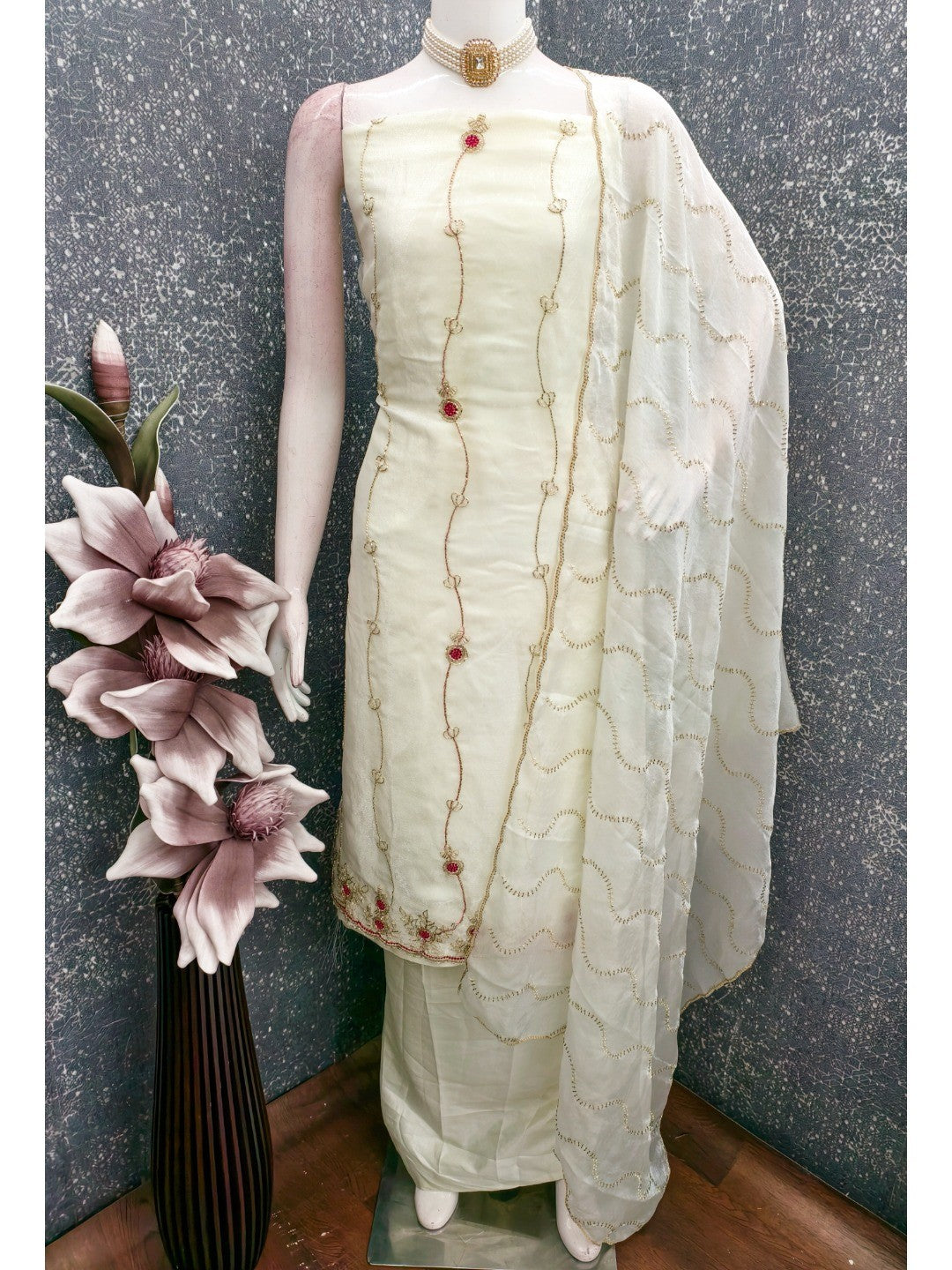 Graceful Cream Floral Beads Embroidery Work Fendy Silk Blend Dress Material - Image 3