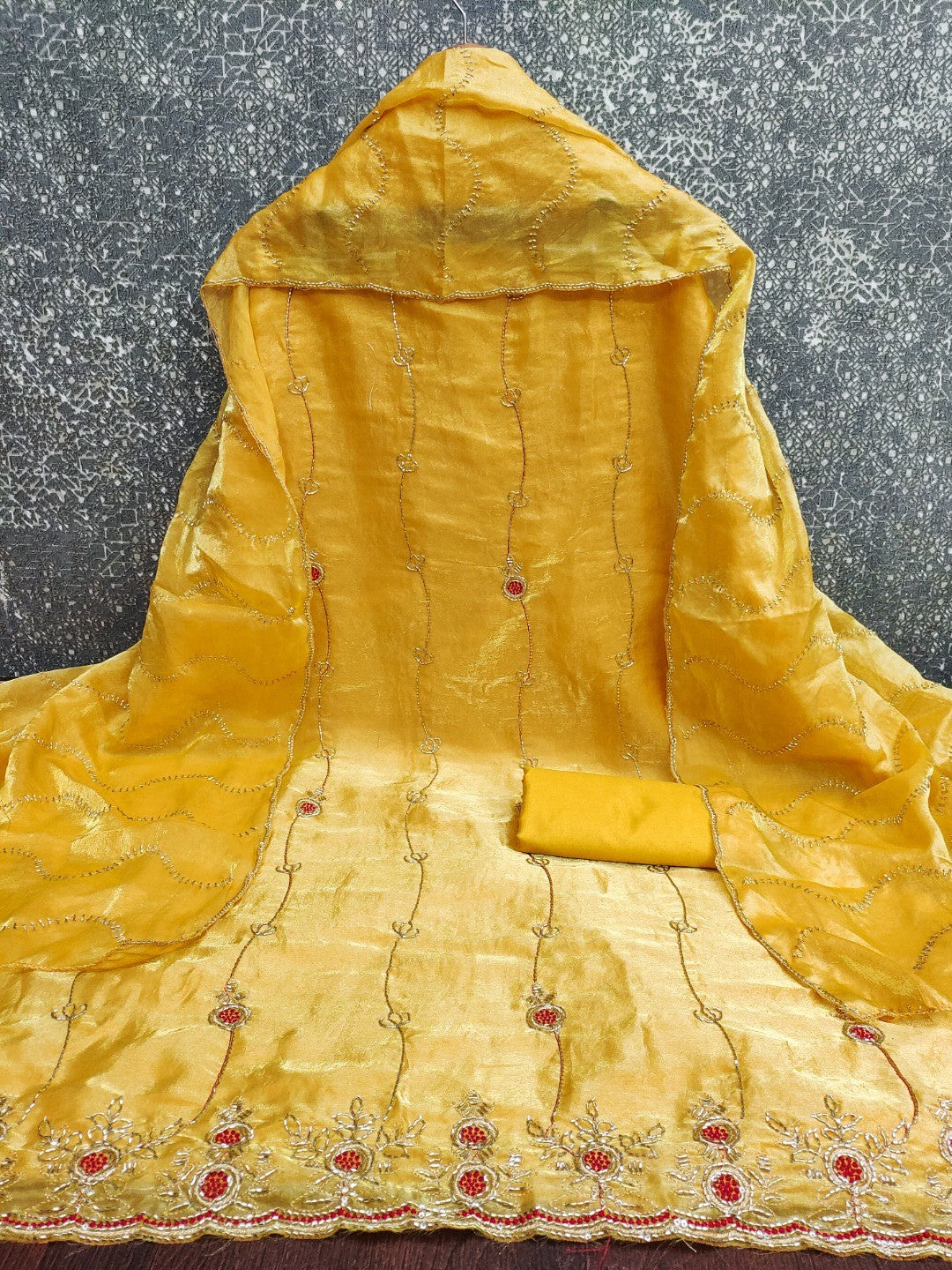 Graceful Mustard Floral Beads Embroidery Work Fendy Silk Blend Dress Material - Image 5