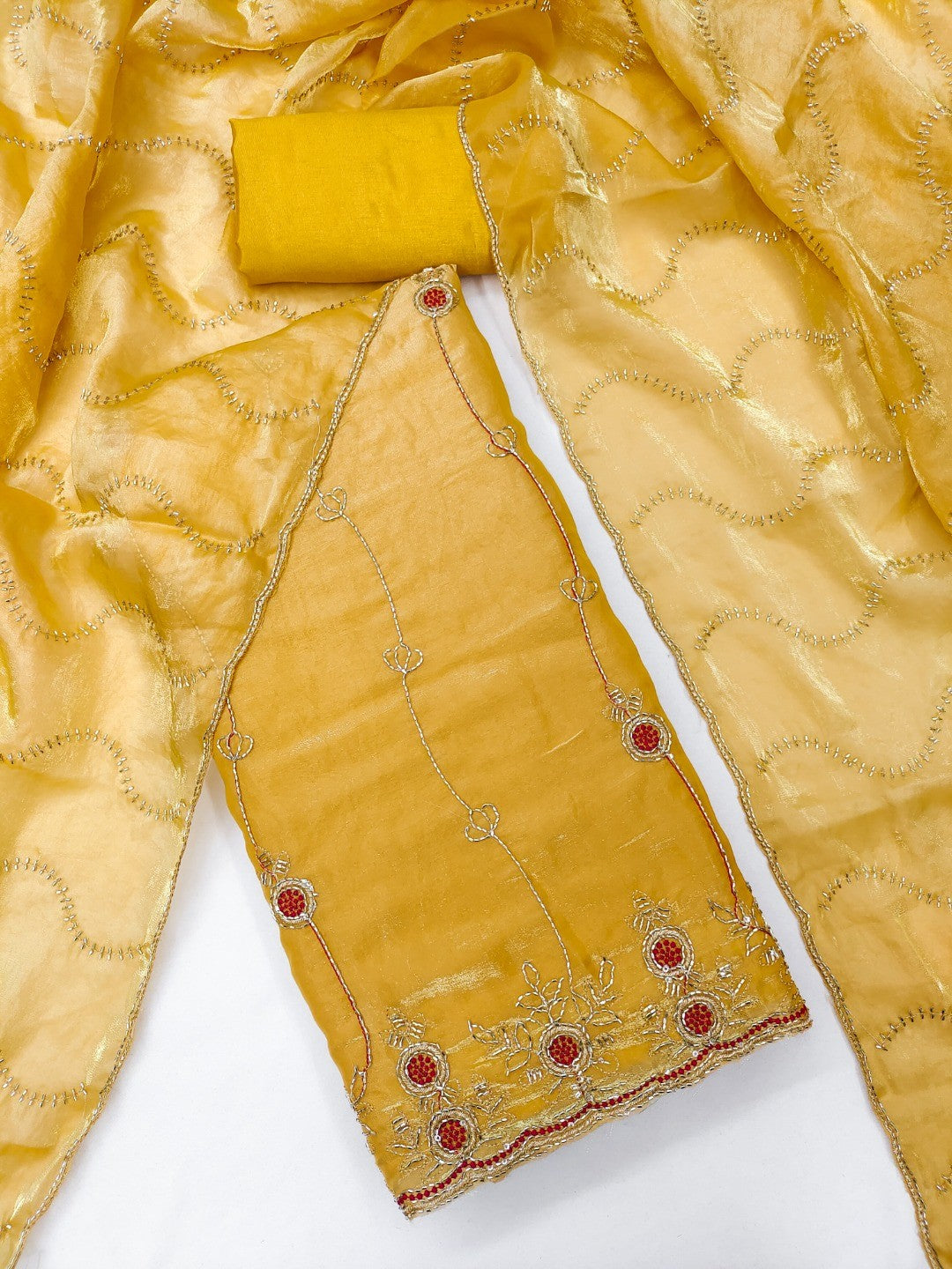 Graceful Mustard Floral Beads Embroidery Work Fendy Silk Blend Dress Material - Image 3
