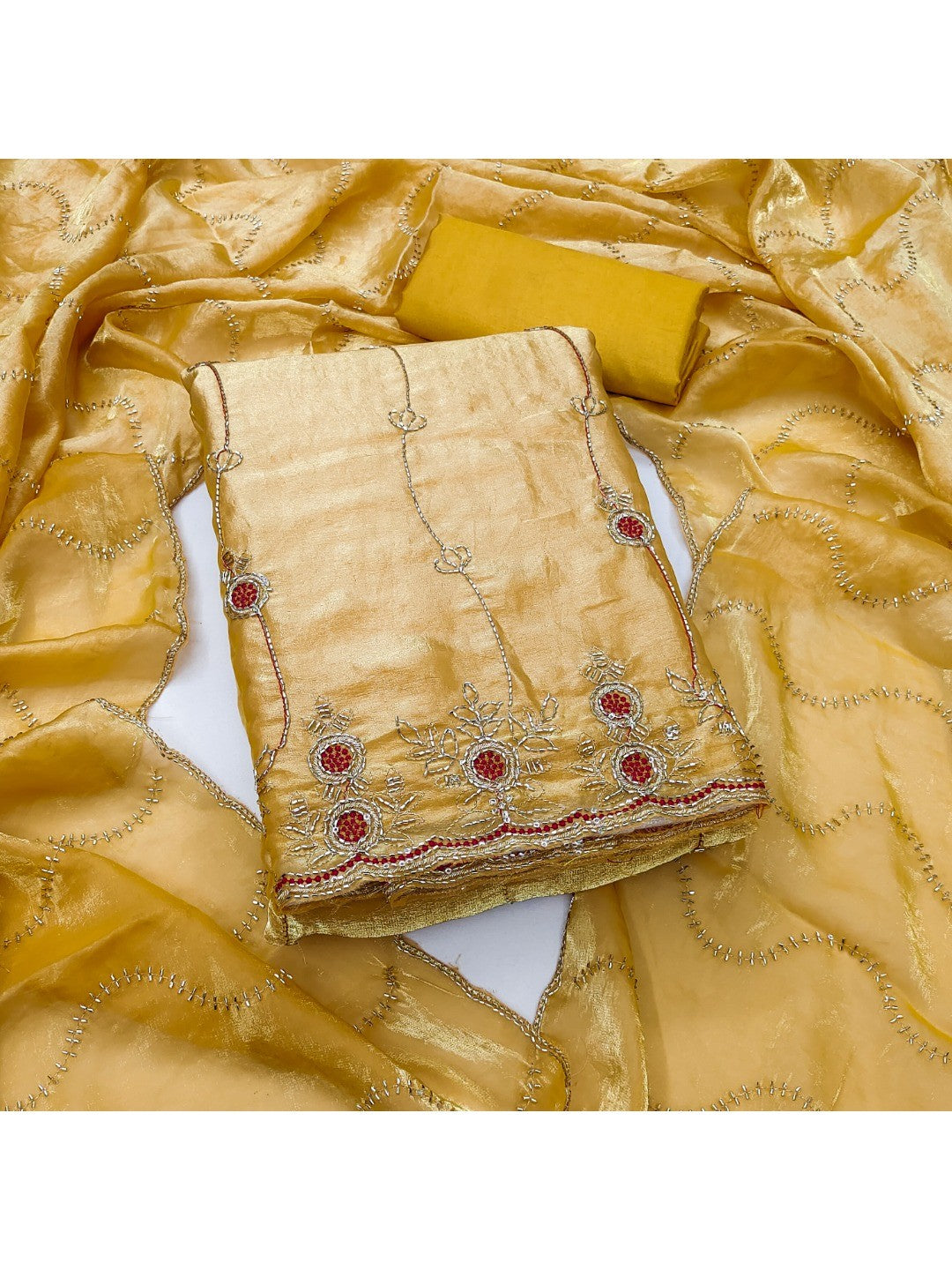 Graceful Mustard Floral Beads Embroidery Work Fendy Silk Blend Dress Material - Image 1