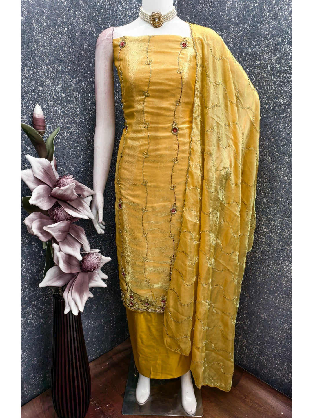 Graceful Mustard Floral Beads Embroidery Work Fendy Silk Blend Dress Material - Image 4
