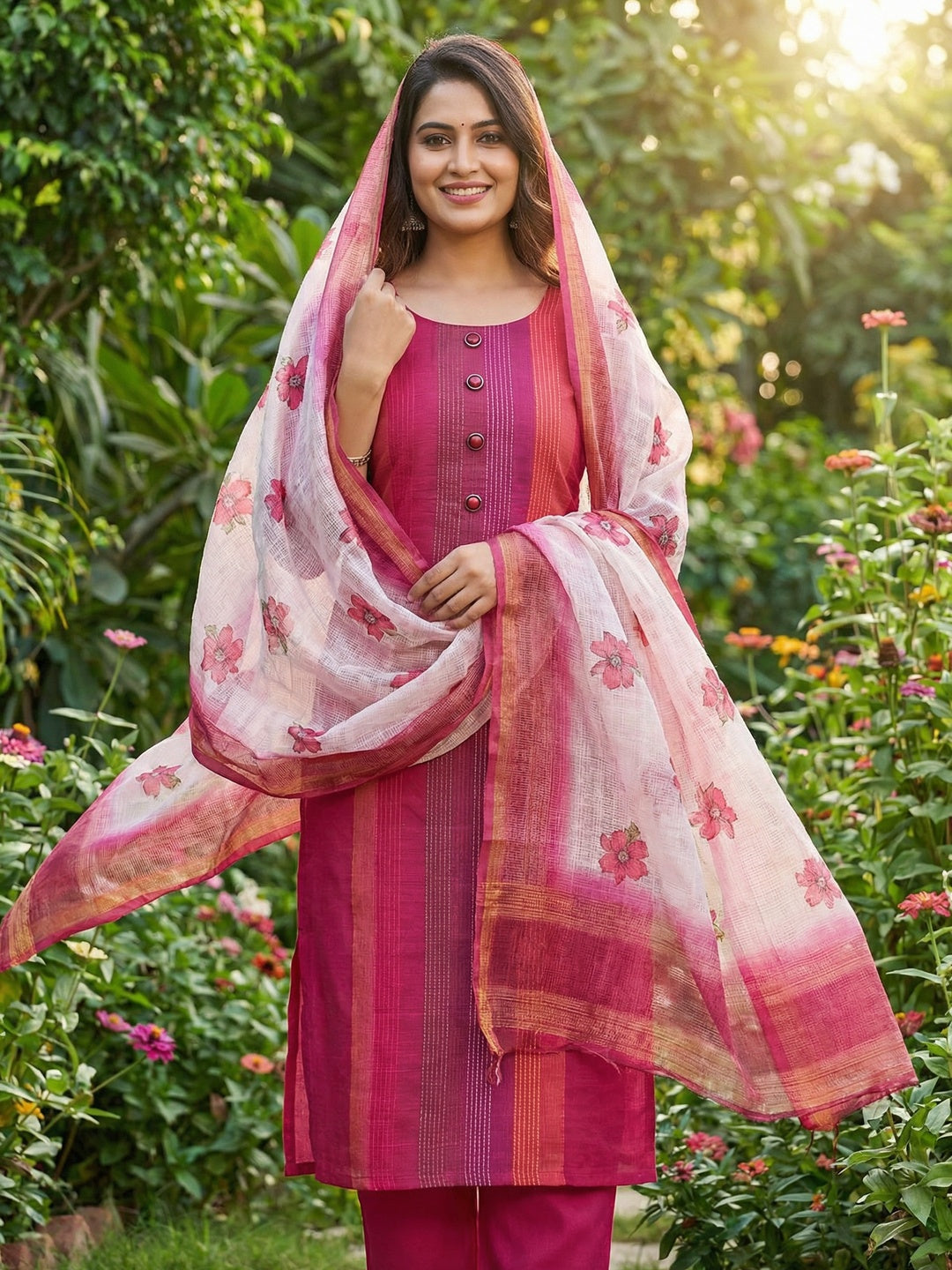 Lightweight Pink Pure Cotton Dress Material with Elegant Striped Finish - Image 1
