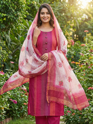 Lightweight Pink Pure Cotton Dress Material with Elegant Striped Finish