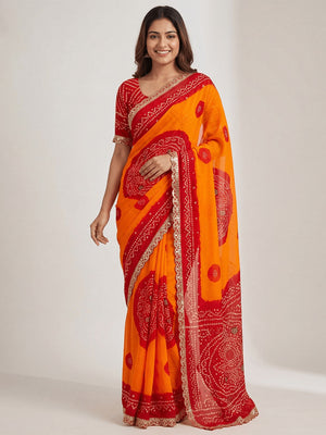 Radiant Orange Bandhani Printed Georgette Saree With Cording & Sequins Embroidered Lace Border - Image 1