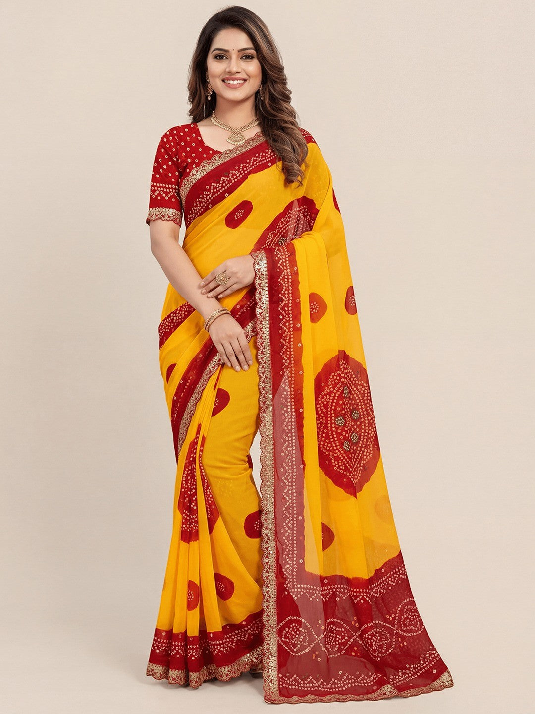 Radiant Yellow Bandhani Printed Georgette Saree With Cording & Sequins Embroidered Lace Border - Image 1