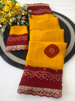 Radiant Yellow Bandhani Printed Georgette Saree With Cording & Sequins Embroidered Lace Border - Image 2