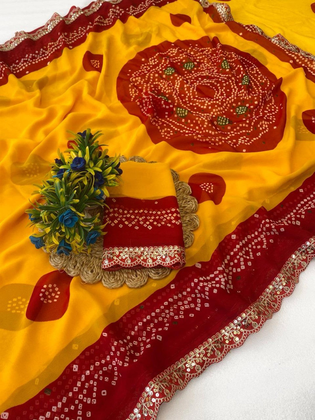 Radiant Yellow Bandhani Printed Georgette Saree With Cording & Sequins Embroidered Lace Border - Image 4