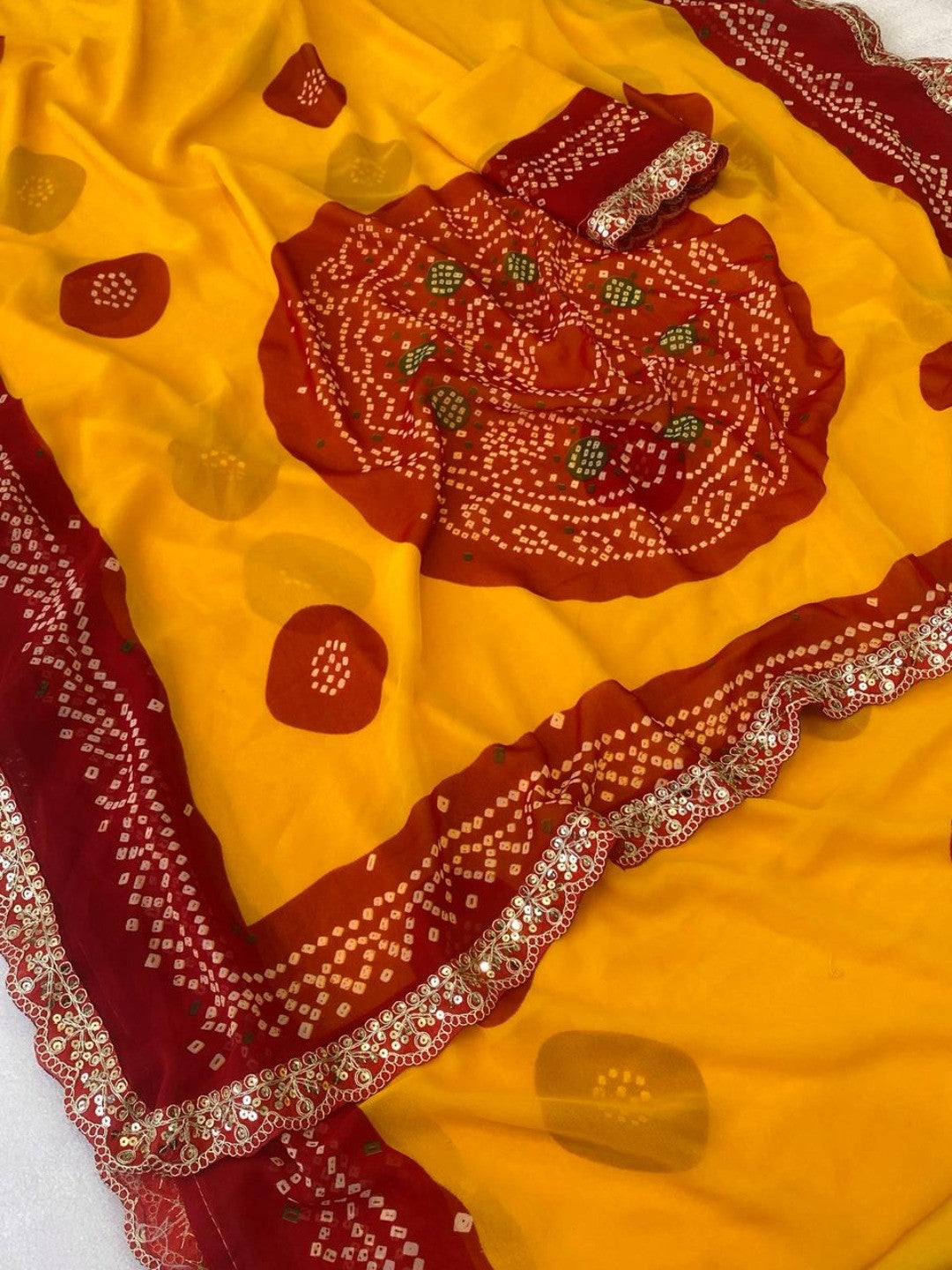 Radiant Yellow Bandhani Printed Georgette Saree With Cording & Sequins Embroidered Lace Border - Image 3