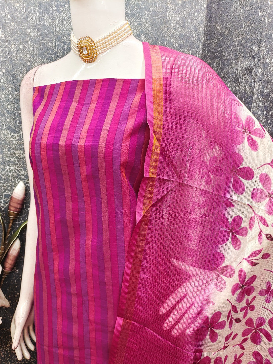 Pink Striped Printed Linen Unstitched Dress Material with Dupatta - Image 3