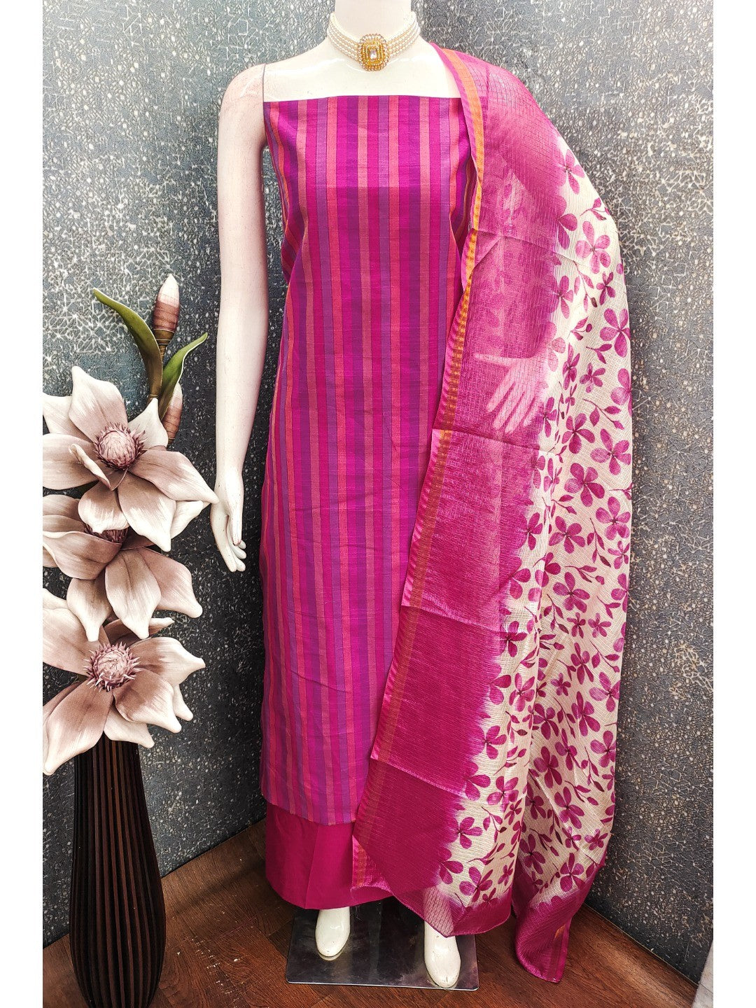 Pink Striped Printed Linen Unstitched Dress Material with Dupatta - Image 2
