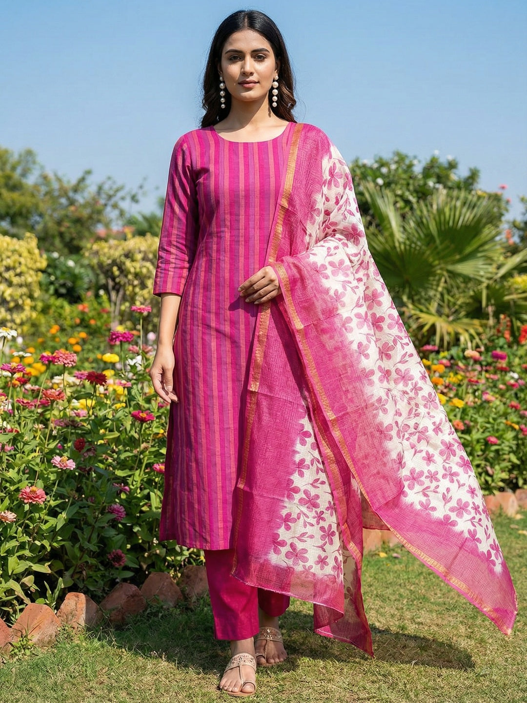 Pink Striped Printed Linen Unstitched Dress Material with Dupatta - Image 1