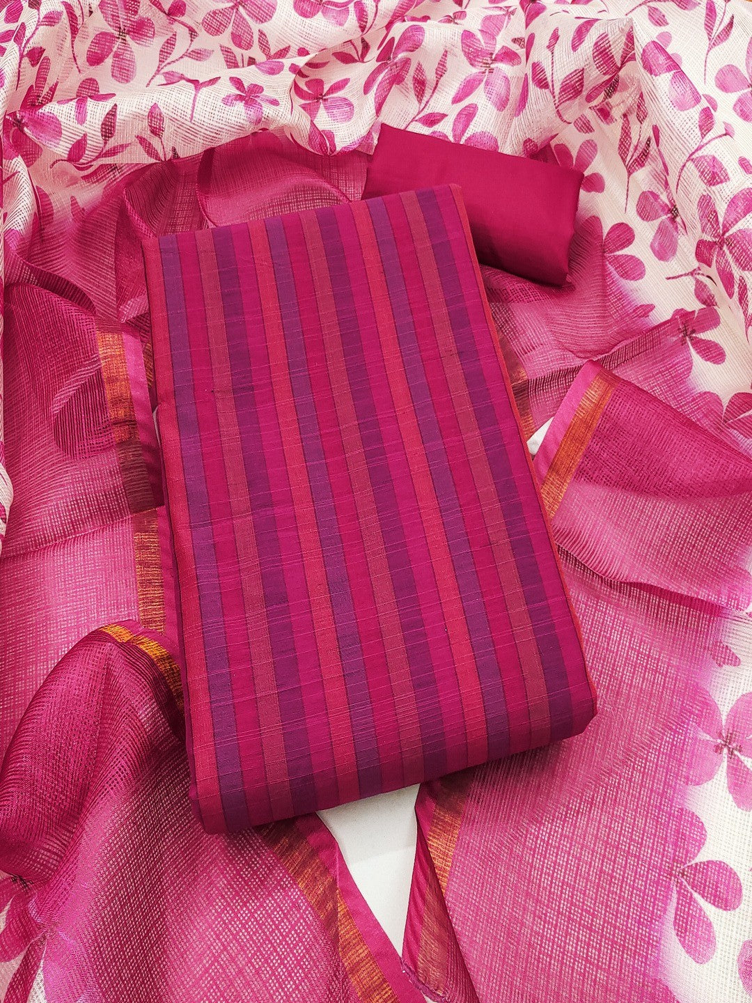 Pink Striped Printed Linen Unstitched Dress Material with Dupatta - Image 4