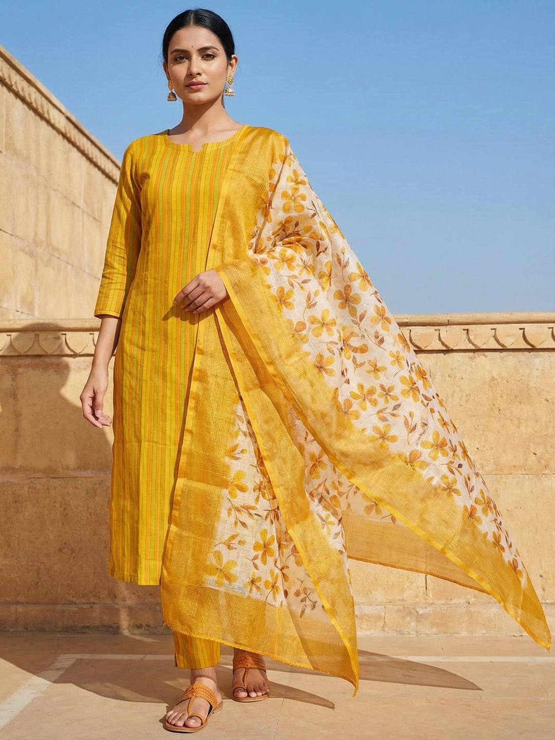 Yellow Striped Printed Linen Unstitched Dress Material with Dupatta - Image 1