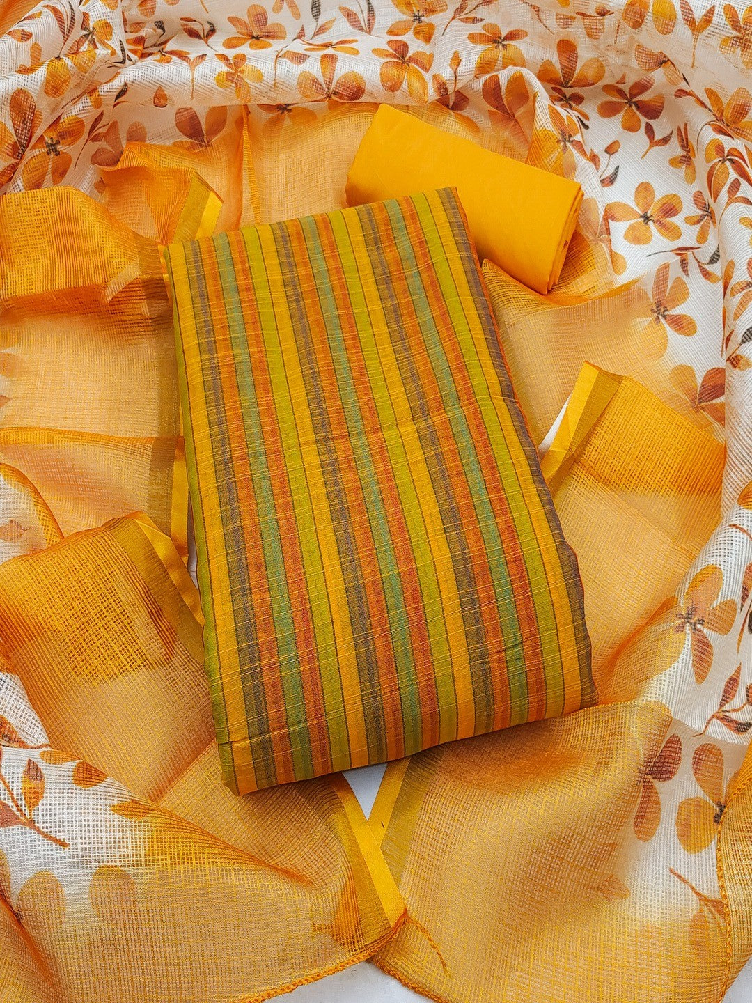 Yellow Striped Printed Linen Unstitched Dress Material with Dupatta - Image 4