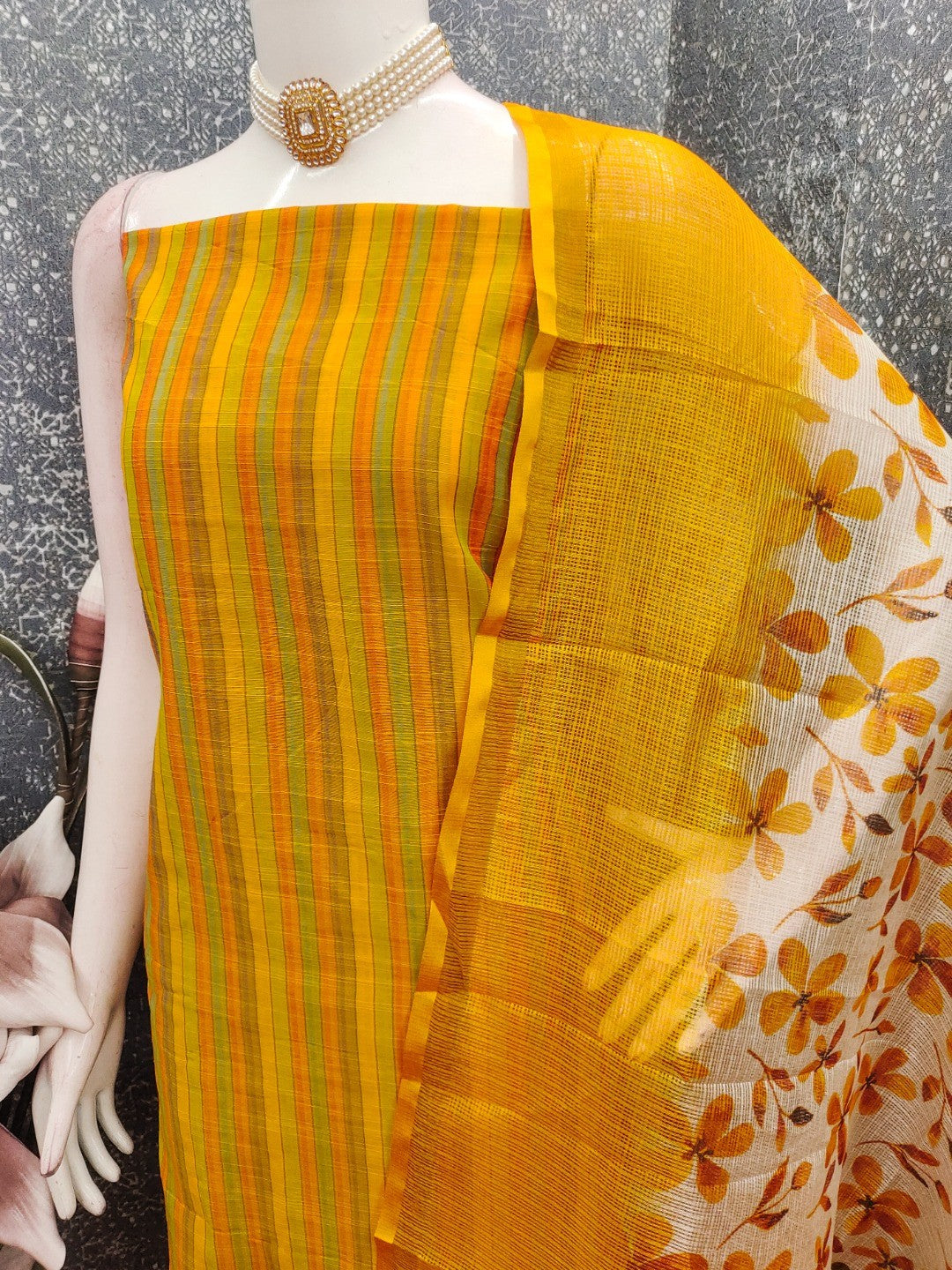 Yellow Striped Printed Linen Unstitched Dress Material with Dupatta - Image 3