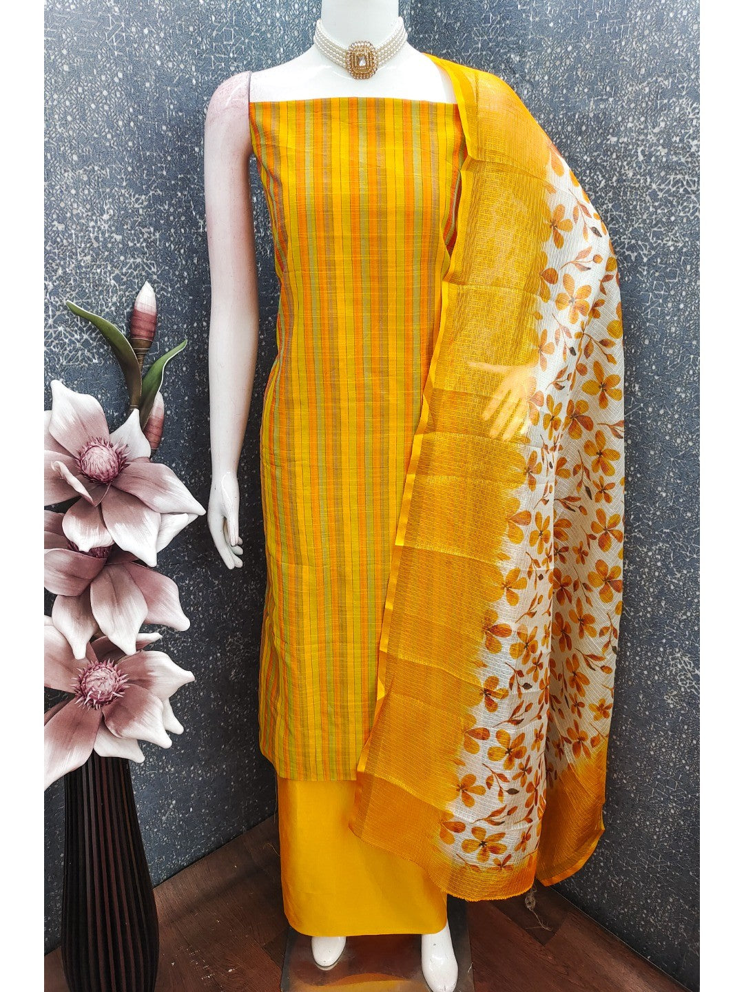Yellow Striped Printed Linen Unstitched Dress Material with Dupatta - Image 4