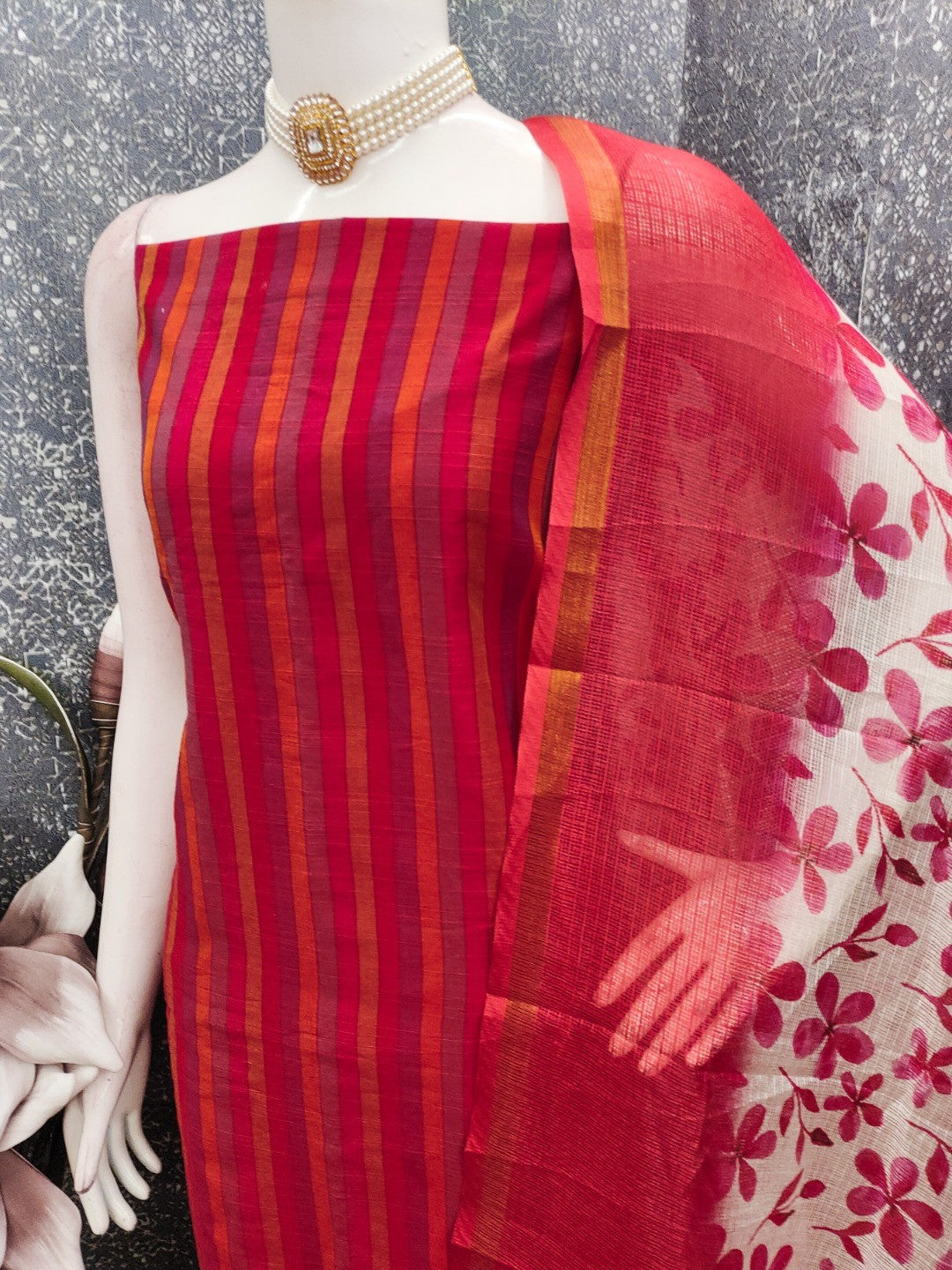 Red Striped Printed Linen Unstitched Dress Material with Dupatta - Image 3