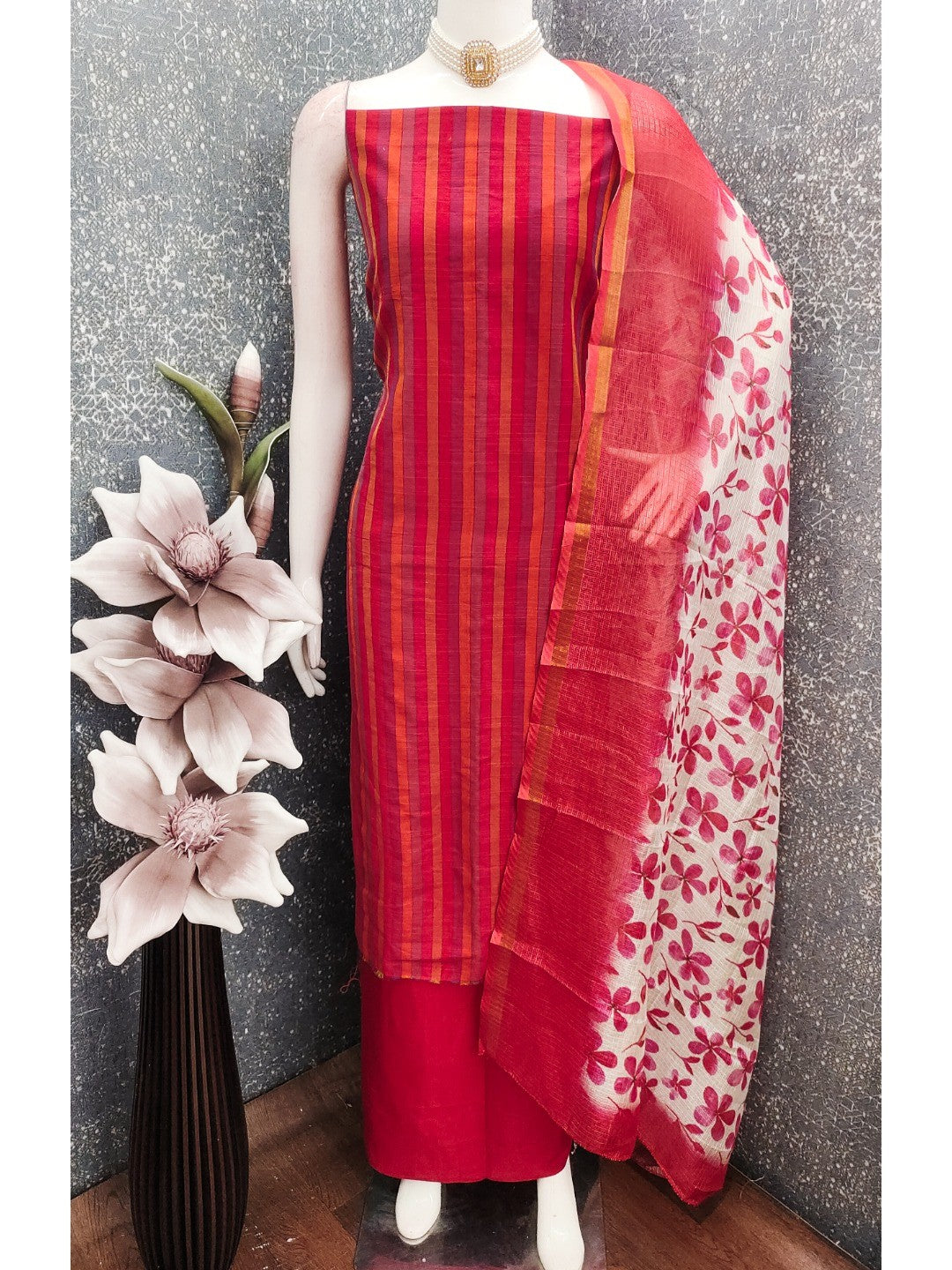Red Striped Printed Linen Unstitched Dress Material with Dupatta - Image 4