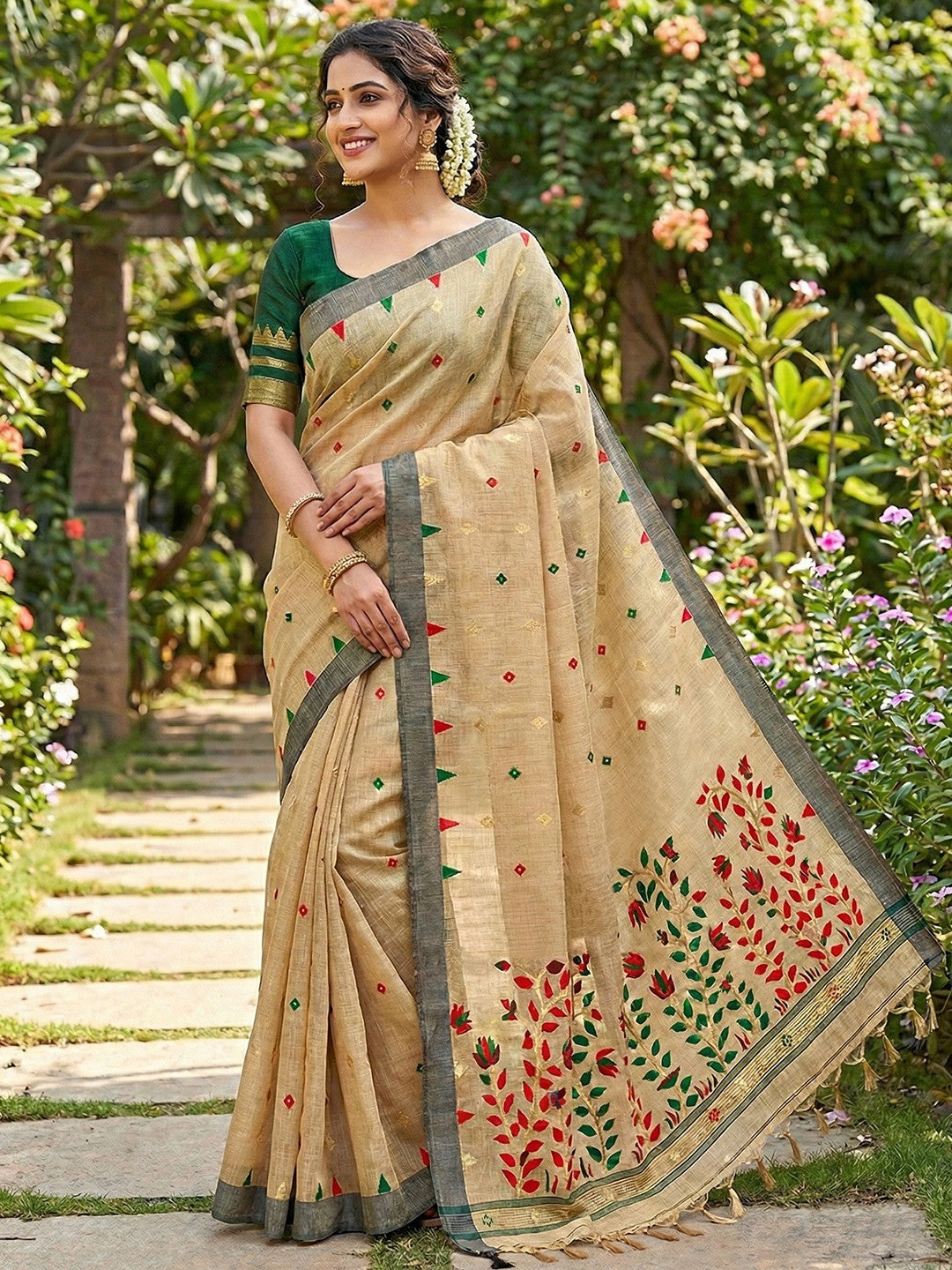 Elegant Beige Cotton Blend Saree with Geometric Woven Design in Jamdani Style - Image 1