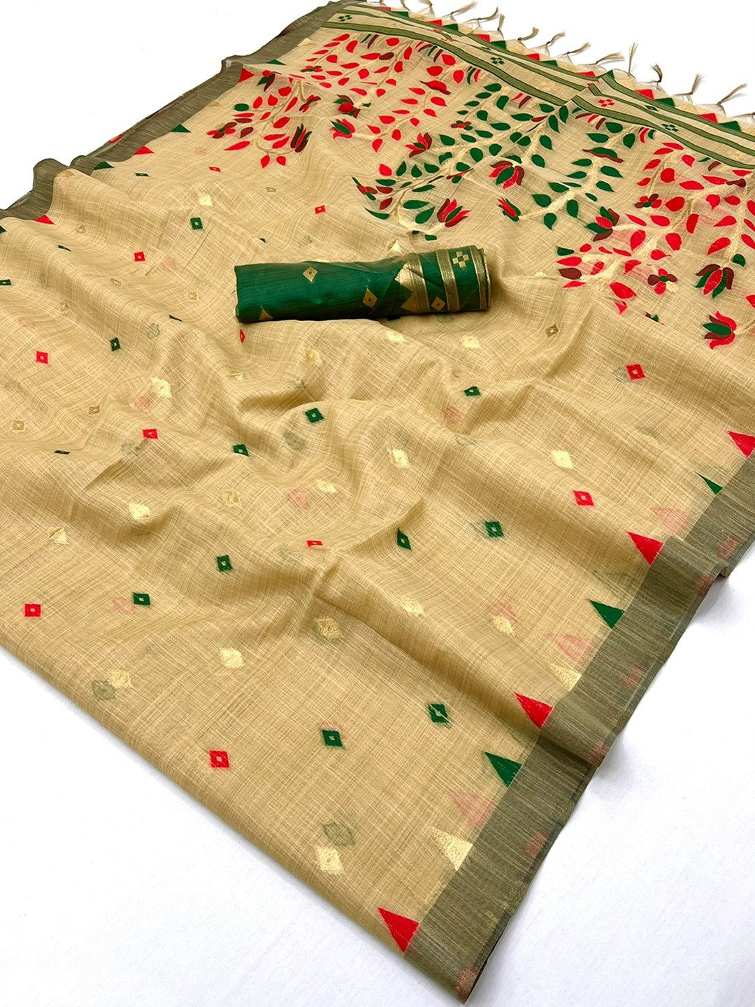 Elegant Beige Cotton Blend Saree with Geometric Woven Design in Jamdani Style - Image 2