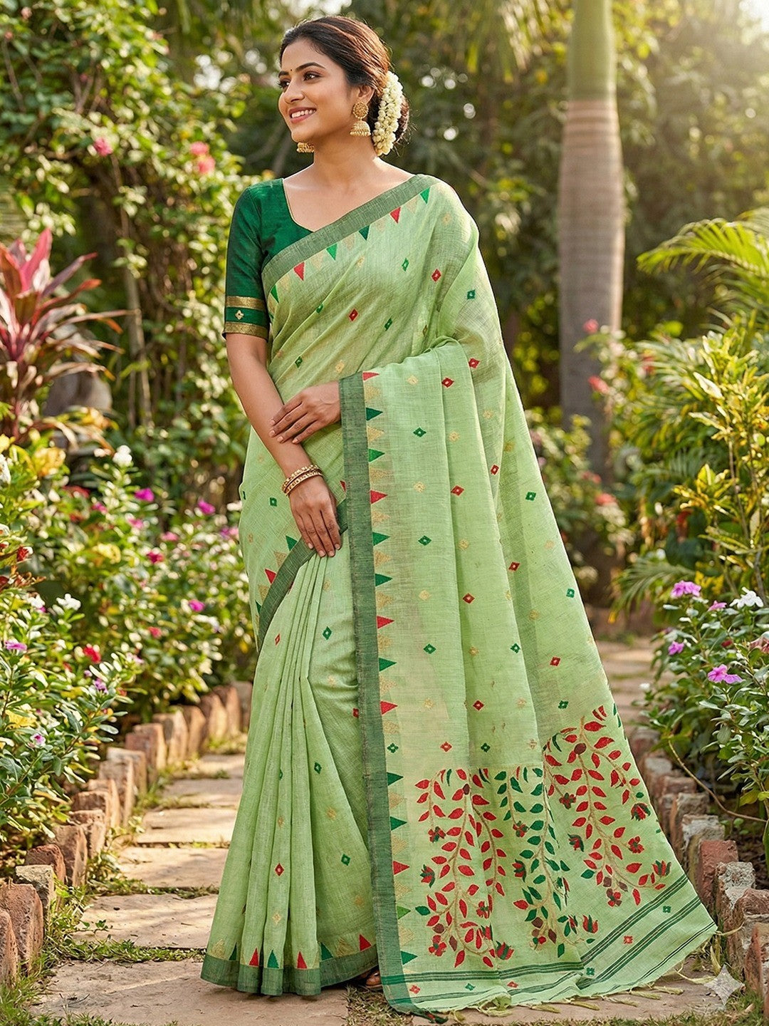 Elegant Green Cotton Blend Saree with Geometric Woven Design in Jamdani Style - Image 1