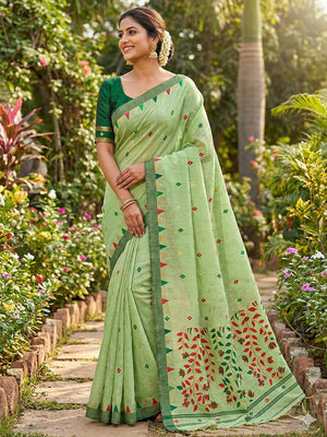 Elegant Green Cotton Blend Saree with Geometric Woven Design in Jamdani Style - Image 1