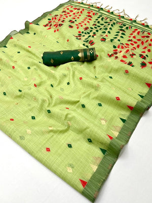 Elegant Green Cotton Blend Saree with Geometric Woven Design in Jamdani Style - Image 2
