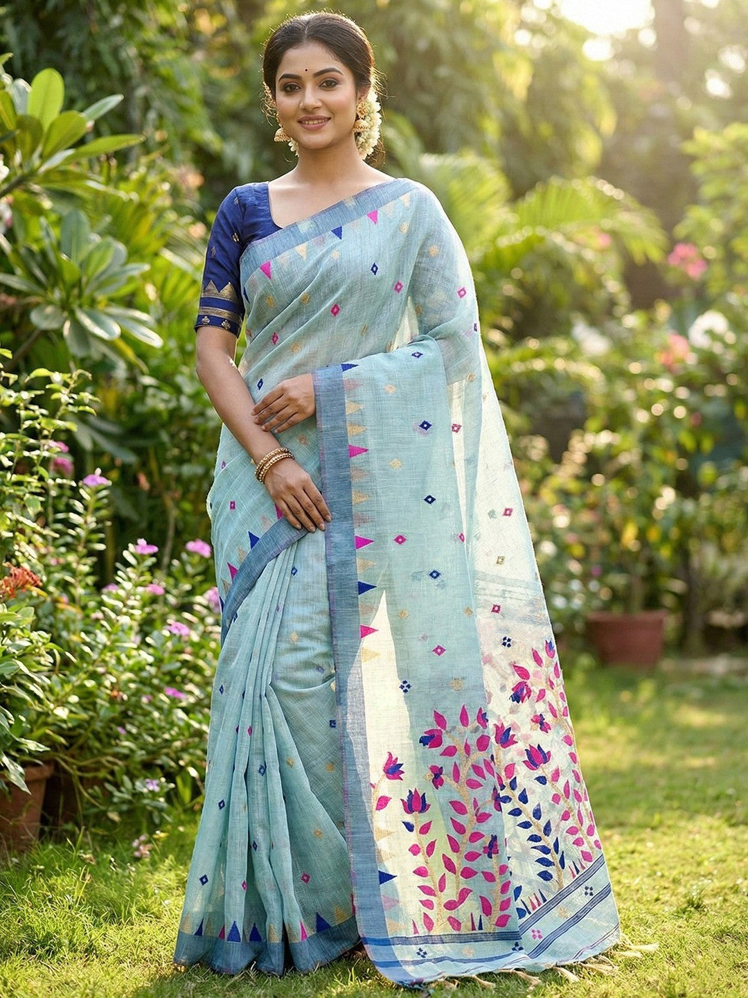 Elegant Sky Blue Cotton Blend Saree with Geometric Woven Design in Jamdani Style - Image 1