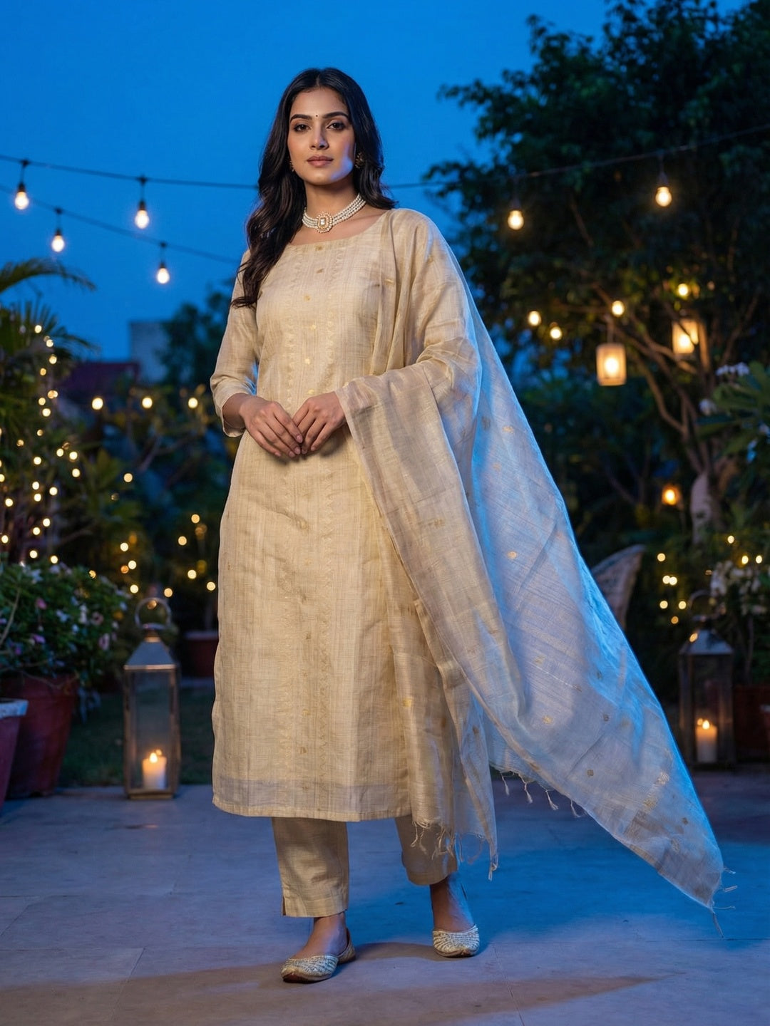 Cream Chanderi Cotton Dress Material Featuring Detailed Woven Design - Image 1