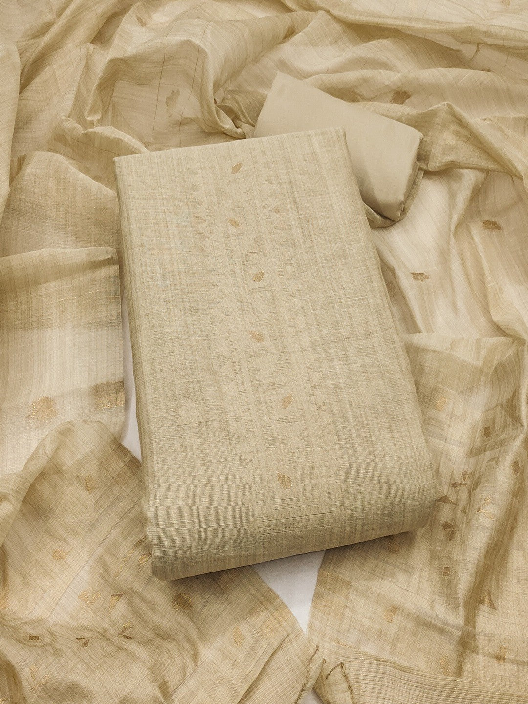 Cream Chanderi Cotton Dress Material Featuring Detailed Woven Design - Image 4