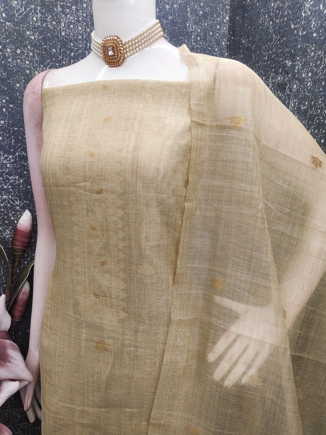 Cream Chanderi Cotton Dress Material Featuring Detailed Woven Design - Image 3