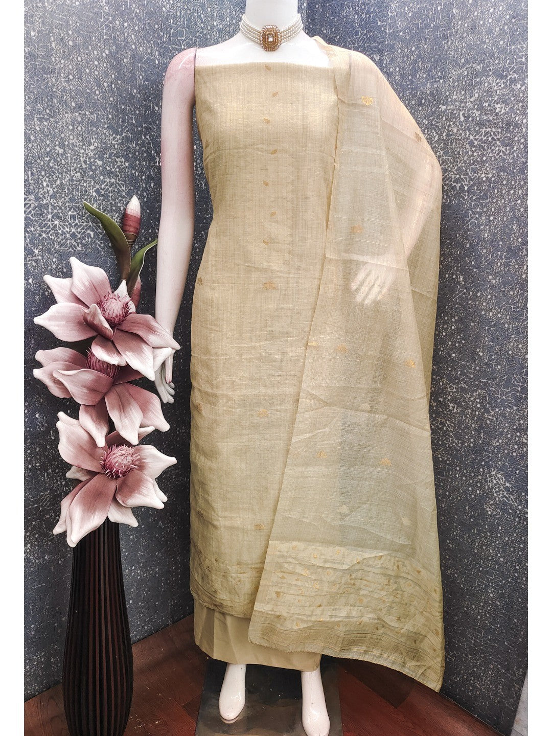 Cream Chanderi Cotton Dress Material Featuring Detailed Woven Design - Image 2