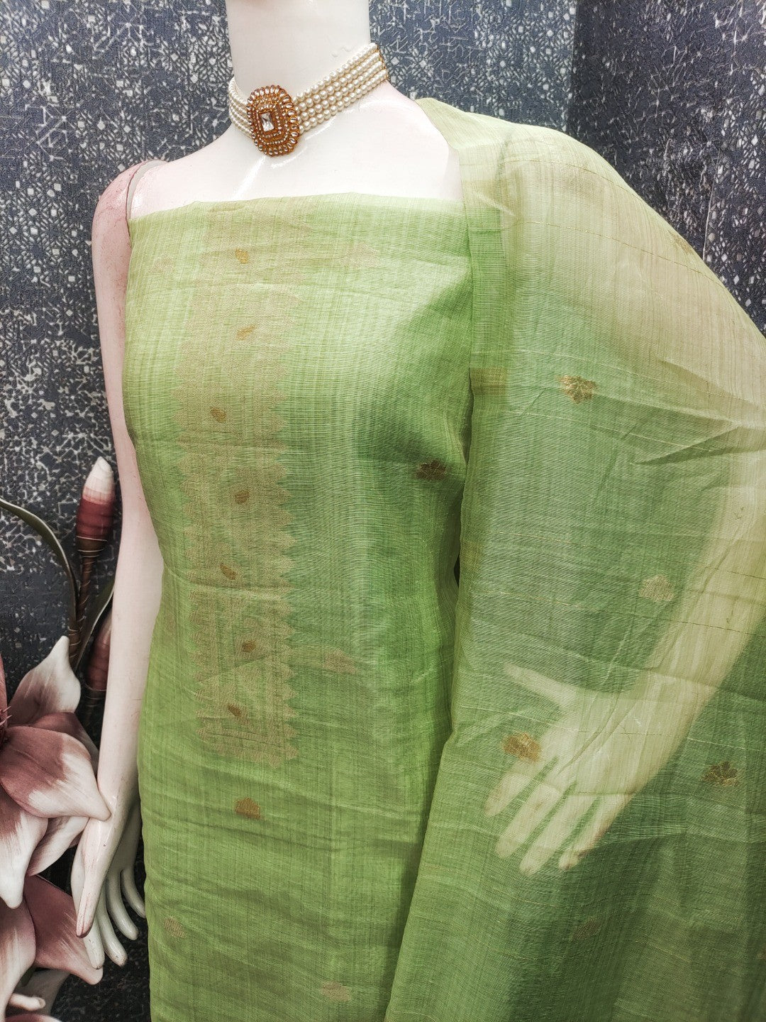 Green Chanderi Cotton Dress Material Featuring Detailed Woven Design - Image 3