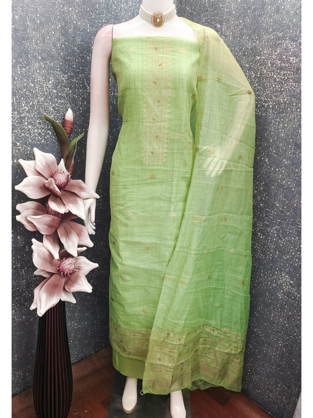 Green Chanderi Cotton Dress Material Featuring Detailed Woven Design - Image 4