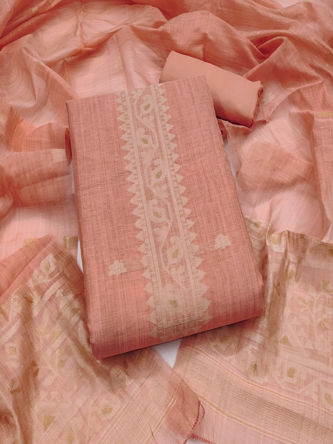 Peach Chanderi Cotton Dress Material Featuring Detailed Woven Design - Image 1