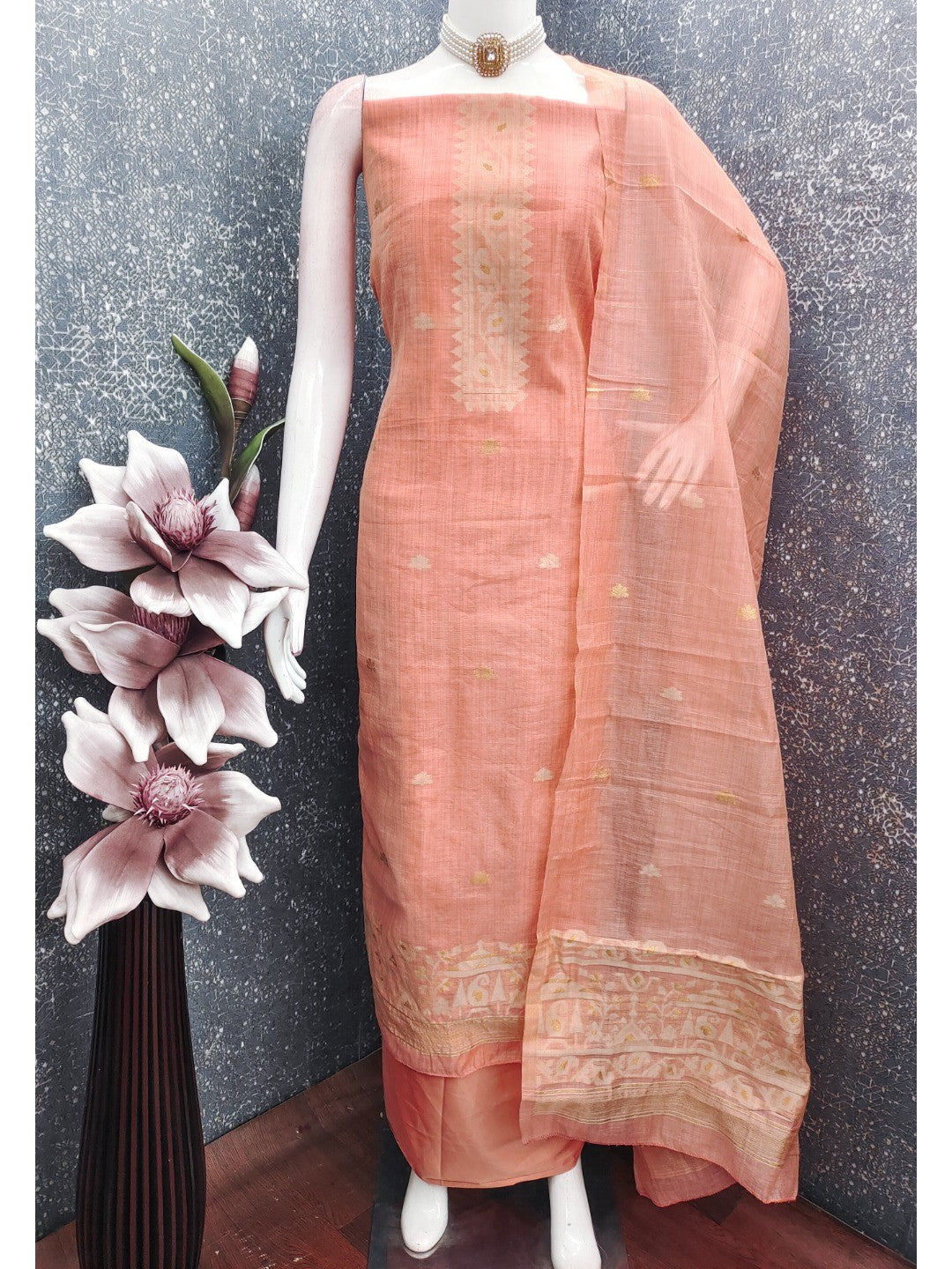 Peach Chanderi Cotton Dress Material Featuring Detailed Woven Design - Image 3